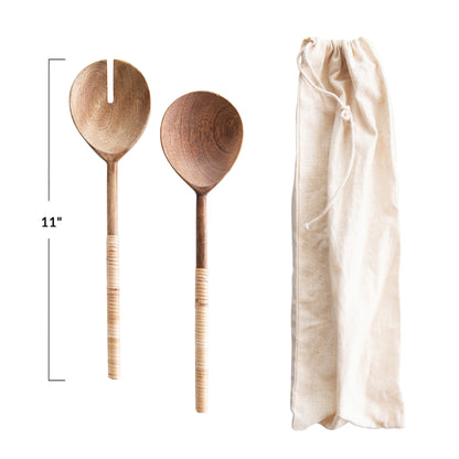 WOODEN SALAD SERVERS, BAMBOO WRAP