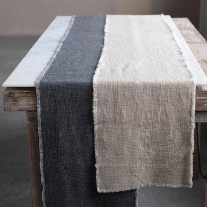 LINEN BLEND TABLE RUNNER WITH FRAYED EDGES