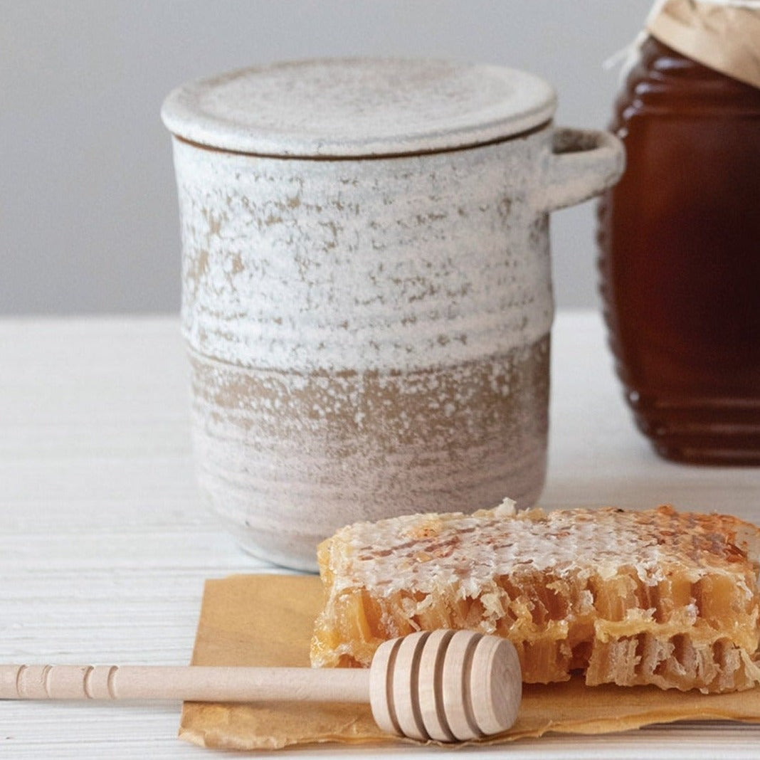 STONEWARE HONEY JAR WITH WOOD HONEY DIPPER